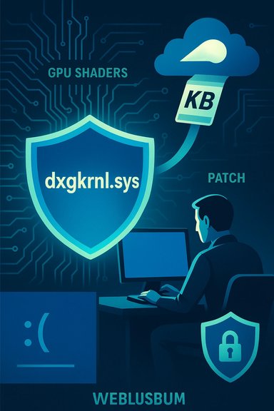 Cybersecurity illustration: a shield guards dxgkrnl.sys while a coder patches the cloud.