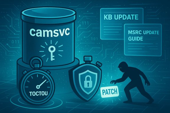 Cybersecurity illustration of a TOCTOU vulnerability in the camsvc, with a patch and update guides.