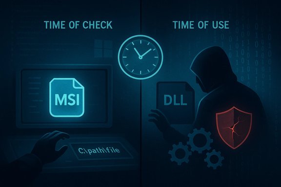 TOCTOU attack: MSI at check vs DLL at use, with a hacker lurking.