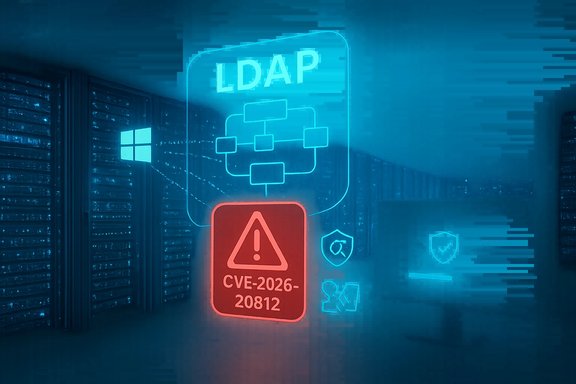 A data center scene with a glowing LDAP diagram and a red CVE-2026-20812 warning.