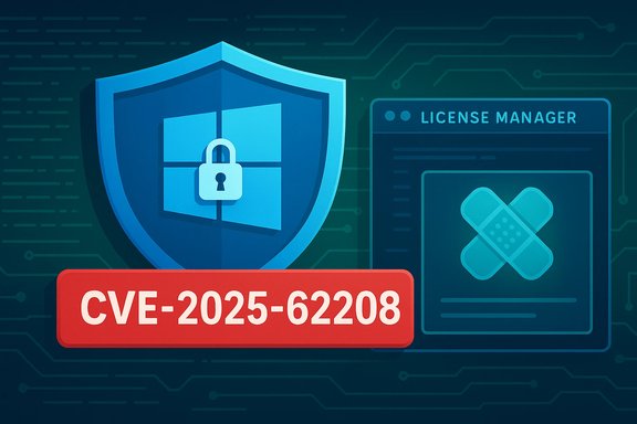 Illustration of a Windows shield with a lock and a red CVE-2025-62208 badge.