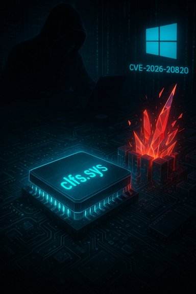 A hooded figure watches a glowing cfs.sys chip amid a Windows CVE-2026-20820 breach.