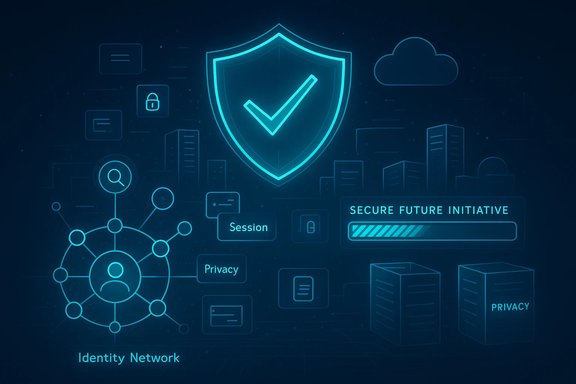 Futuristic cybersecurity scene with a glowing shield, identity network, and a Secure Future Initiative progress bar.