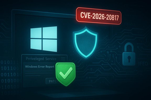 Cybersecurity illustration featuring Windows logo, shield, green check, and CVE-2026-20817 tag.