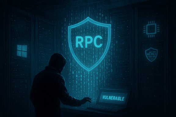 A silhouette hacker stands before a glowing RPC shield in a data center; laptop shows VULNERABLE.