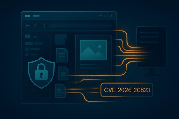 Cybersecurity illustration: CVE-2026-20823 with data flowing from a browser to a monitor.