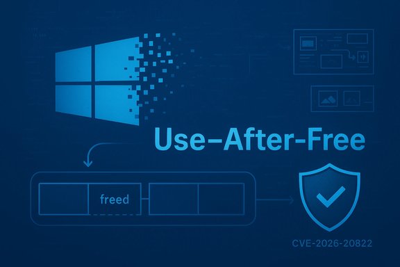 Blue Windows logo fragments into pixels, signaling a use-after-free vulnerability (CVE-2026-20822).