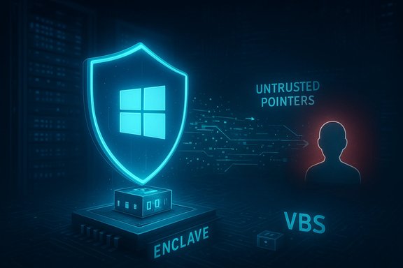Neon Windows shield atop an Enclave box, illustrating untrusted pointers in VBS.