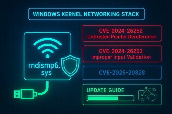 Neon infographic about the Windows Kernel Networking Stack, highlighting CVEs and an update guide.