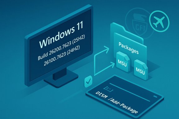 Illustration of Windows 11 build details and DISM /Add-Package deployment.
