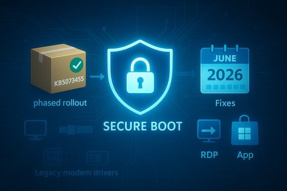Secure Boot shield illustration with a phased rollout package and June 2026 fixes.