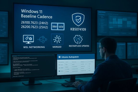 IT professional monitors Windows 11 baseline cadence on a large wall display in a high-tech operations center.