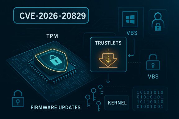 Cybersecurity illustration showing CVE-2026-20829, TPM, trustlets, firmware updates and kernel security.