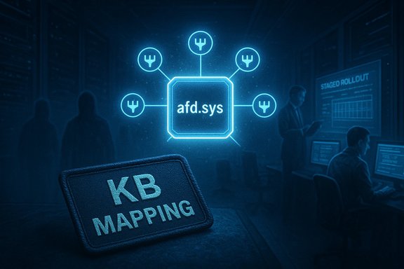 Glowing afd.sys chip connected to nodes in a blue data-center scene with a KB MAPPING patch.