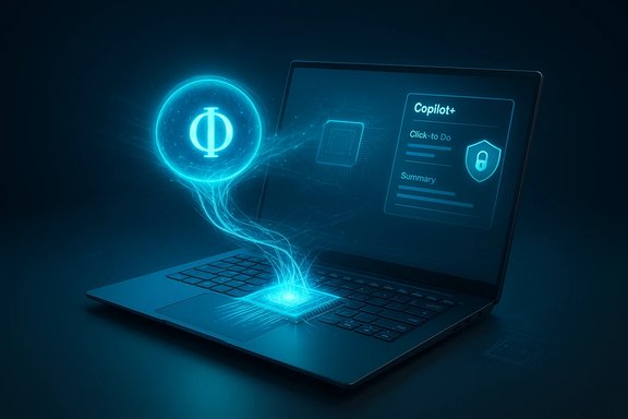 Futuristic blue AI interface emerging from a laptop, displaying Copilot+.