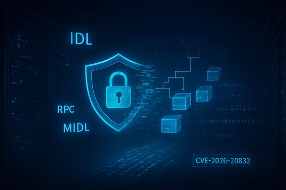 Cybersecurity illustration with a glowing shield and lock, labeled IDL, RPC, MIDL, and CVE-2026-20832.