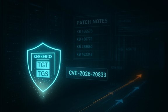 A glowing Kerberos shield showing TGT and TGS, with patch notes and CVE-2026-20833 in the background.