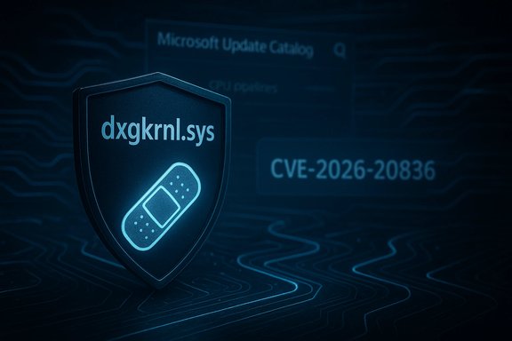 A blue shield badge labeled dxgkrnl.sys with a bandage icon, signaling a patch for CVE-2026-20836.