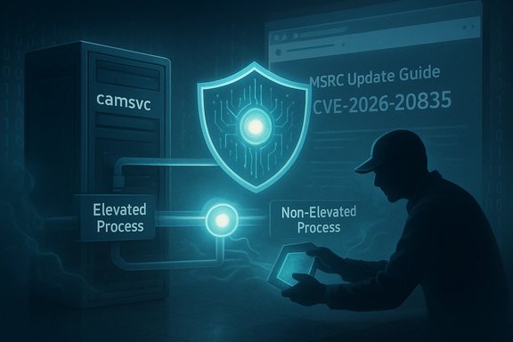 Cybersecurity illustration showing a server and glowing shield, illustrating elevated vs. non-elevated processes.