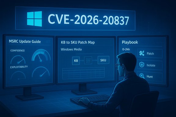 Security analyst reviews CVE-2026-20837 dashboard with patch maps and playbook panels.