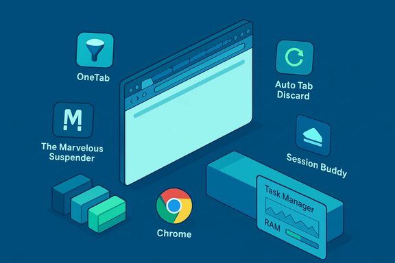 Isometric illustration of Chrome with extension icons like OneTab and Session Buddy.