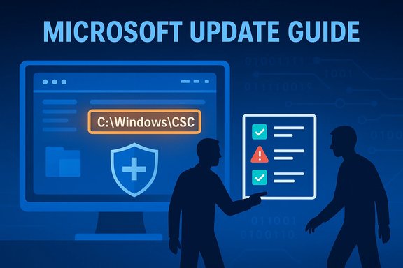Two people discuss a Windows update guide on a blue screen, with C:\Windows\CSC and a checklist.