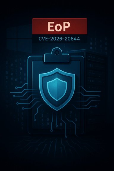 EoP vulnerability badge on a shield amid circuit-board graphics, labeled CVE-2026-20844.