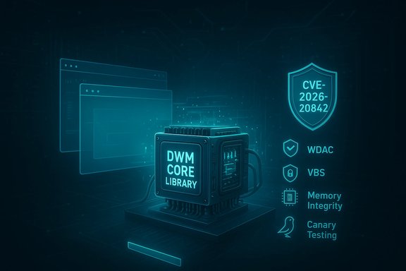 Futuristic cyber-security illustration of the DWM Core Library with a CVE-2026-20842 shield and security icons.