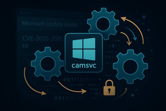 Tech-themed illustration of Windows camsvc with gears, arrows and a padlock symbolizing security.