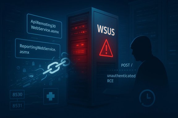 Server rack with WSUS warning; red alert as a hacker silhouette looms nearby.