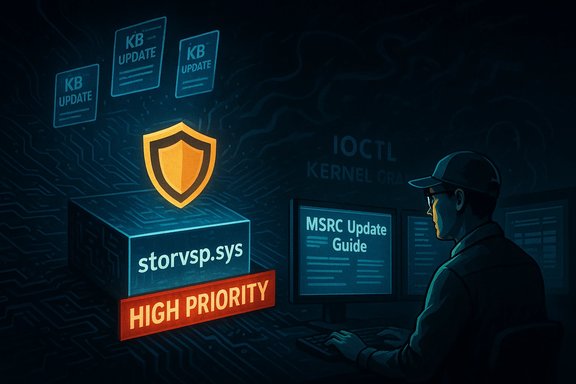 Tech worker monitors a high-priority storvsp.sys update as a glowing shield hovers above the box.