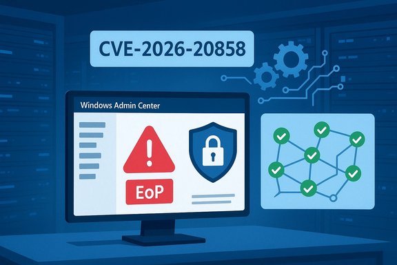 Windows Admin Center dashboard shows CVE-2026-20858 with a red warning and security shield.