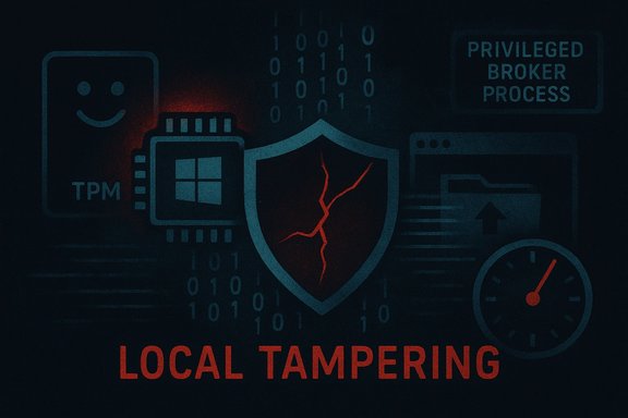 Graphic about local tampering, featuring a shield, binary code, and security icons.