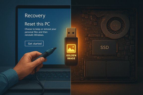 Recovery: Reset this PC using a Golden Image USB drive beside the laptop's SSD.