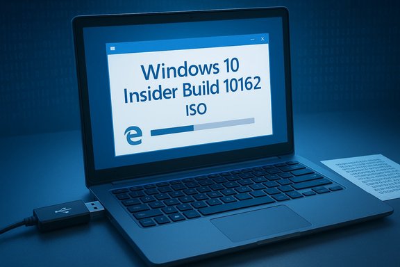 Laptop screen shows Windows 10 Insider Build 10162 ISO with a loading progress bar.