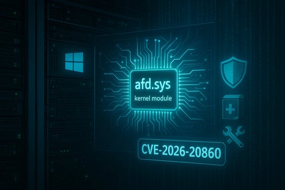 Blue-tinted data center with a glowing chip labeled 'afd.sys kernel module' and CVE-2026-20860.