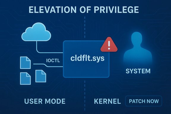 Infographic showing privilege elevation—from user mode to kernel—with a cldflt.sys warning.