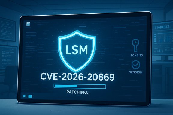 LSM shield on a screen patches CVE-2026-20869 with a progress bar.
