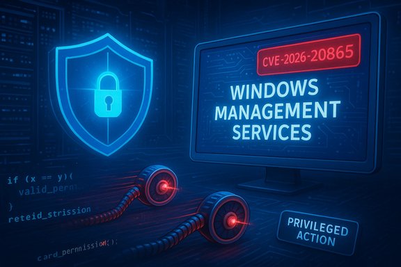 Cybersecurity scene: shield lock beside a Windows Management Services display labeled CVE-2026-20865.