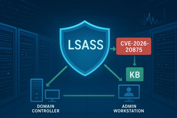LSASS shield showing data flow to Domain Controller and Admin Workstation with CVE-2026-20875.