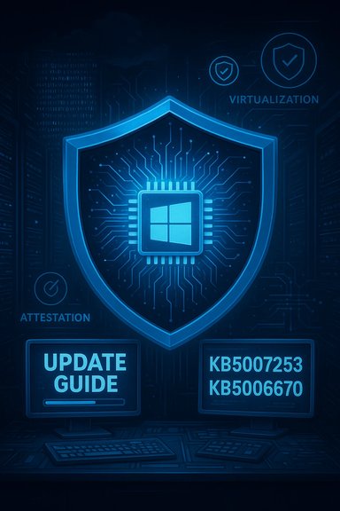 Blue cyber-security scene with a shielded circuit chip and update-guide displays.
