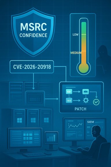 A cybersecurity infographic showing MSRC confidence shield, CVE-2026-20918 patch workflow, and monitoring dashboards. A cybersecurity infographic showing MSRC confidence shield, CVE-2026-20918 patch workflow, and monitoring dashboards.