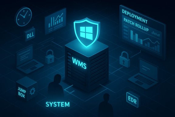 A Windows-based WMS server secured by a glowing shield amid cybersecurity dashboards.