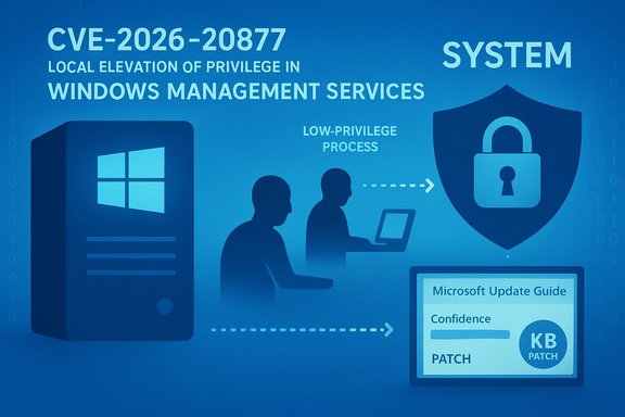 Blue infographic on CVE-2026-20877: local privilege escalation in Windows Management Services and patch flow.