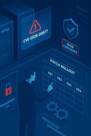 Security analyst reviews patch rollout grid with CVE warning and a high-confidence shield.