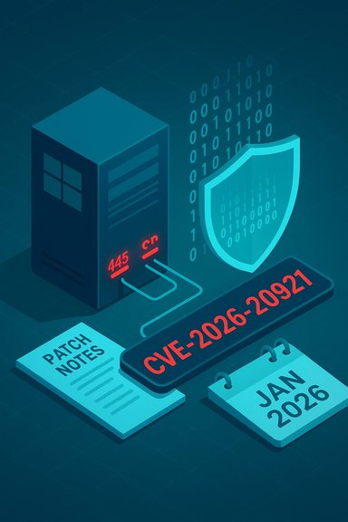 Cybersecurity illustration showing a server, shield, patch notes, and CVE-2026-20921.