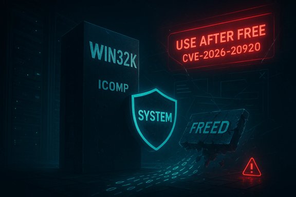 Dark cyber-dungeon scene with a large Win32k box, a glowing SYSTEM shield, and a red 'Use After Free' warning.