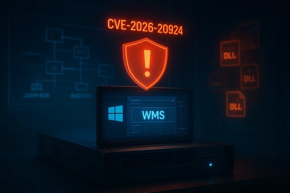 Red shield warning for CVE-2026-20924 above a Windows WMS workstation.