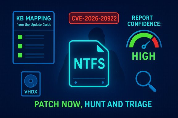 Neon NTFS vulnerability infographic: CVE-2026-20922; patch now, hunt and triage.