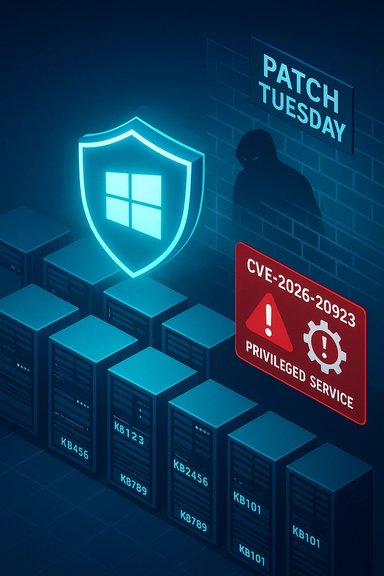 A server room glows with a Windows shield, Patch Tuesday sign, and a CVE alert.